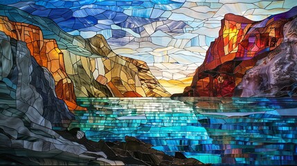 stained glass window mountain with river