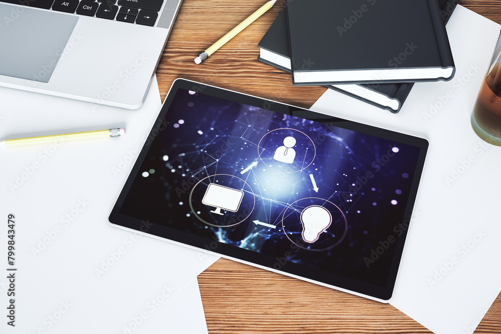 Poster modern digital tablet monitor with social network icons concept. marketing and promotion concept. to
