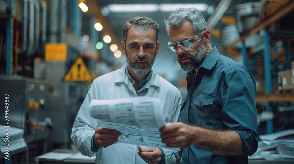 Leinwandbilder Two men in a factory looking at a paper report which has of stock market ticker in factory. Generative AI.