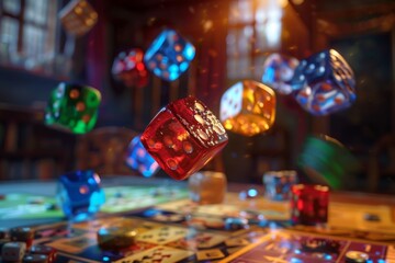 Fototapeta premium Brightly colored dice pieces are flying around a table