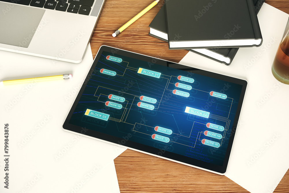 Leinwandbilder modern digital tablet monitor with abstract programming language, research and development concept. 