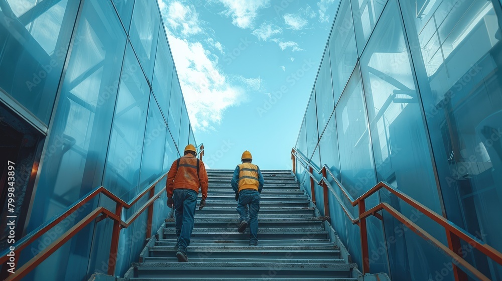 Poster two worker wearing hard hats climbing stairs. generative ai.
