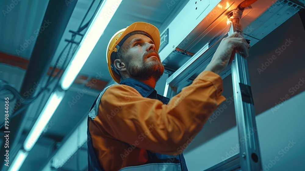 Leinwandbilder worker on a ladder is installing a fire alarm in the ceiling. generative ai.