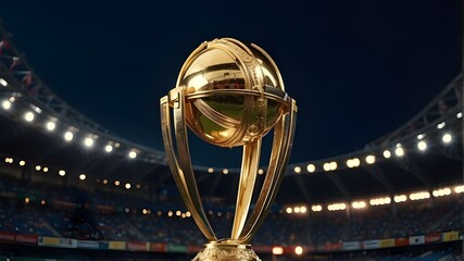 /imagine: A cinematic shot of the iconic trophy of the International Cricket World Cup, gleaming under the stadium lights, symbolizing the ultimate prize awaiting the victorious team on the Pitch --ar - obrazy, fototapety, plakaty