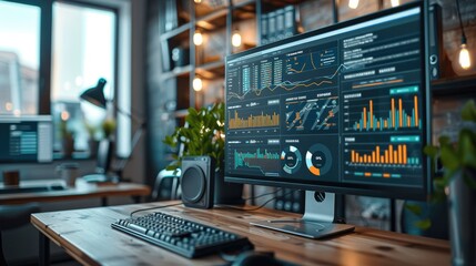 Depicting an advanced lead scoring software dashboard on a large screen in a busy marketing agency. The creative workspace in the background. Generative AI.