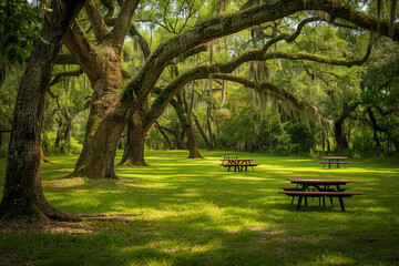 serene photo of picnic area nestled amidst lush green grass and towering trees, evoking a sense of tranquility and closeness to nature, against a clean background