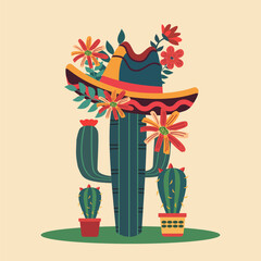 Cinco De Mayo Celebration in Mexico with Cactus Plant and Flower Floral Decoration