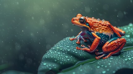 A 4K wallpaper showcasing a vividly colored tree frog sitting on a dew-covered leaf. 