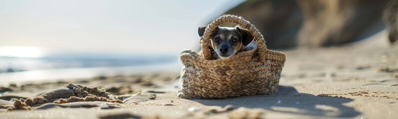 Obraz premium Cute dog sitting in a basket on the beach. Banner