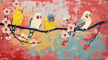 Sakura and budgies abstract illustration poster background
