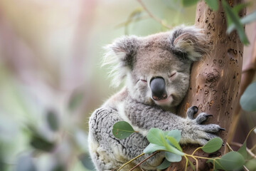 Obraz premium the innocence and serenity of a baby koala sleeping peacefully on a eucalyptus tree, framed against a clean background, allowing the adorable moment to take center stage,