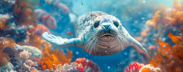 Closeup panoramic view of seal swimming undersea. Animal wildlife concept.