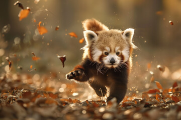 photo captured as a baby red panda frolics playfully in its habitat, its fluffy fur and charming...