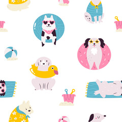 Colorful seamless pattern with funny dogs in summer costumes having fun at the beach. Cute design with pet characters