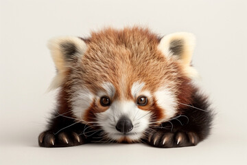The adorable charm of a baby red panda captured in a serene photograph, showcasing its fluffy coat and inquisitive gaze against a clean background, evoking a sense of wonder and de