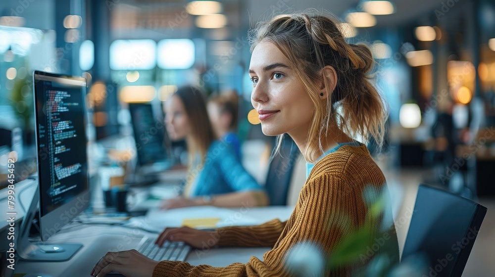 Poster Developer women at their computer in a modern open office working space. Generative AI.