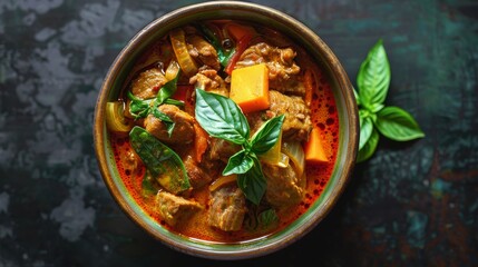 A vibrant bowl of fragrant curry, filled with tender chunks of meat, hearty vegetables, and aromatic