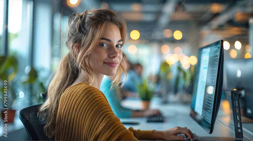 Poster Developer women at their computer in a modern open office working space. Generative AI.