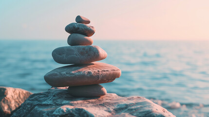 A stack of rocks on a beach. The rocks are of different sizes and colors, and they are arranged in a pyramid shape. Concept of tranquility and peace - obrazy, fototapety, plakaty