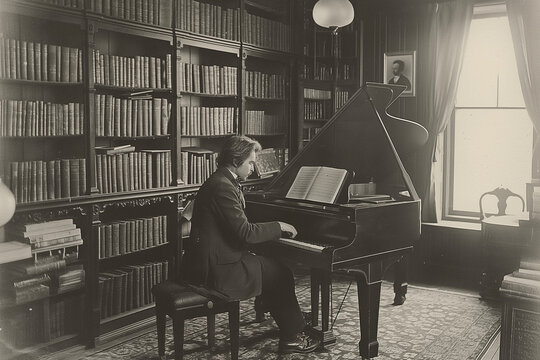 A 1890s-style black-and-white photo of a composer playing the piano in an ornate atelier.