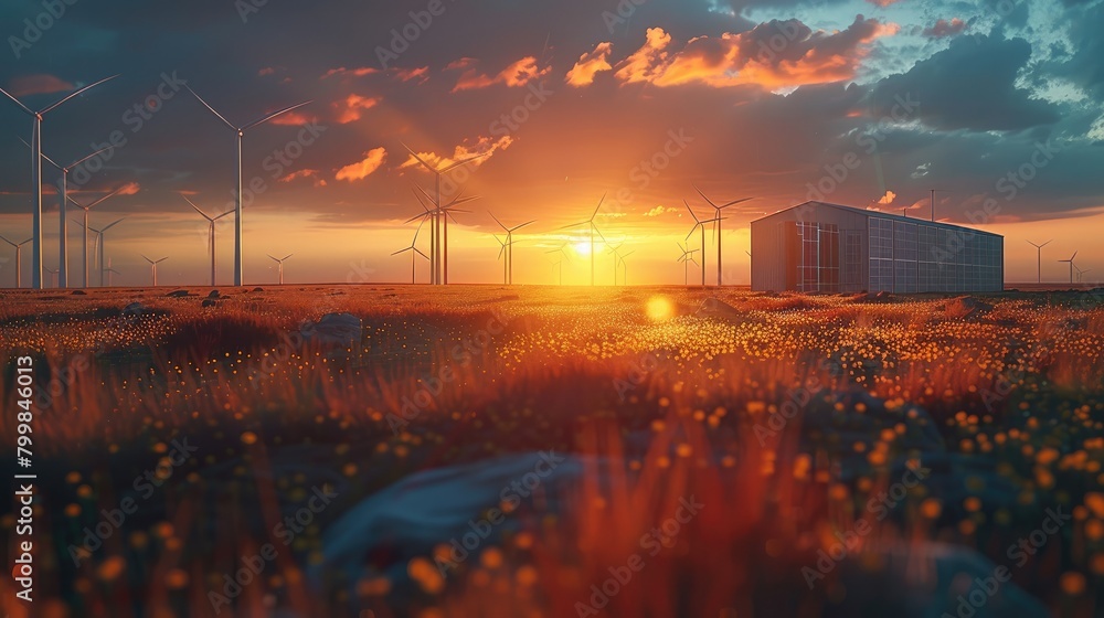 Poster sunset with modern battery energy storage system and background of wind turbines and solar panel pow