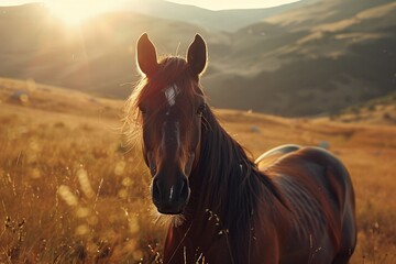 Horses in the evening field. Generative AI - obrazy, fototapety, plakaty