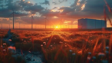 Sunset with modern battery energy storage system and background of wind turbines and solar panel power plants. Generative AI.