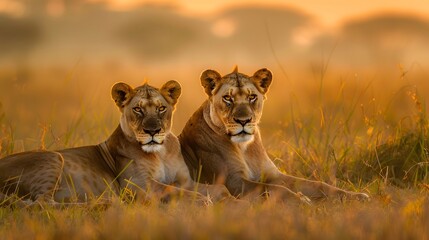 A pair of African lions resting at dawn, with the early morning light casting a golden glow over...