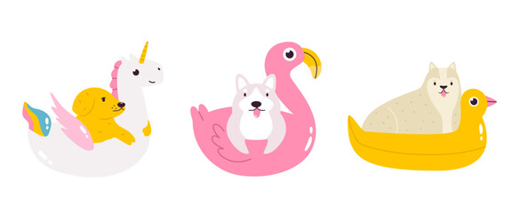 Set of hand drawn vector dogs swimming with inflatable unicorn, flamingo and duck. Portraits of funny pet characters isolated in white background