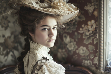 A young woman exudes elegance in the fashion of the Victorian era