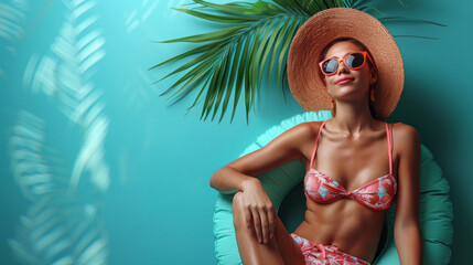 Stylish Woman with a Summer Hat and Red Sunglasses Holding a Drink by a Turquoise Wall