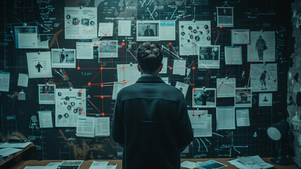 Detective Analyzing a board linking various profiles with red threads