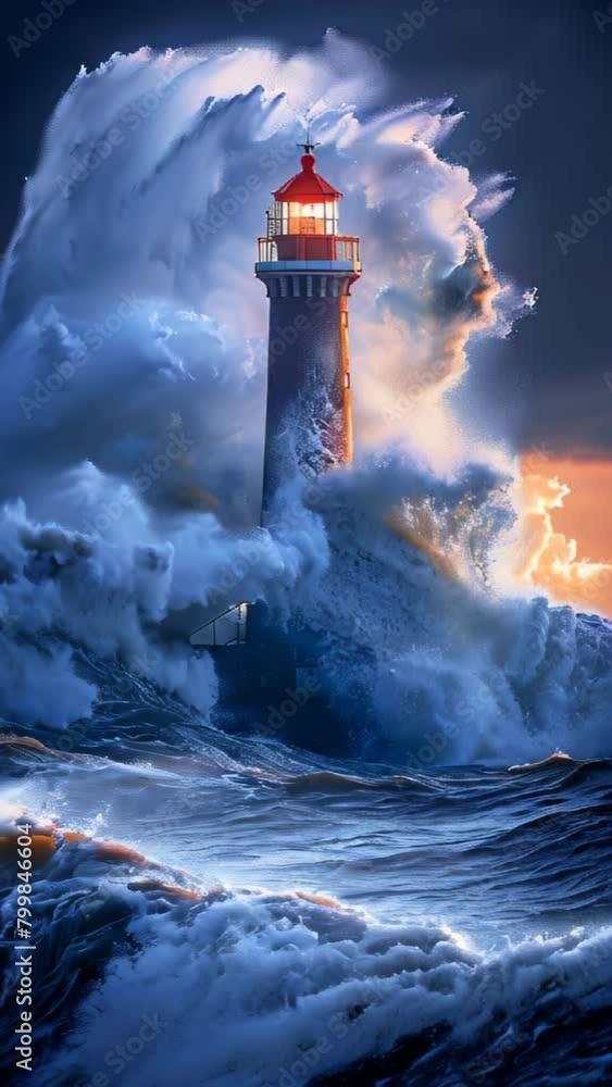 Poster a lighthouse is in the middle of a large wave. the water is crashing against the rocks and the light
