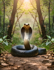 Hyper-realistic wallpaper of cobra in forest - obrazy, fototapety, plakaty