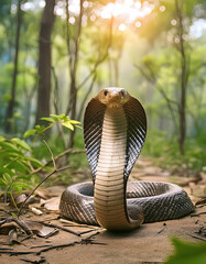 Hyper-realistic wallpaper of cobra in forest - obrazy, fototapety, plakaty