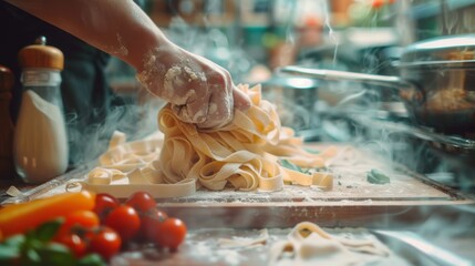 Fresh pasta being rolled and cut by hand, with a blurred background of a traditional Italian kitchen