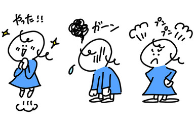 大げさに喜んだり悲しむ女性のセットイラスト　オノマトペ　セリフ　シンプルで可愛い線画イラスト