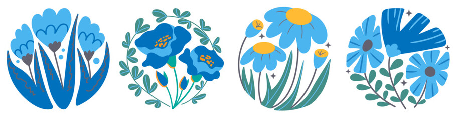 Retro groovy organic circle shape. Modern wavy blue flowers s in trendy naive retro hippie 60s 70s style. Vector illustration
