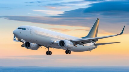 Naklejka premium Commercial airliner soaring high in the sky with a breathtaking sunset in the background