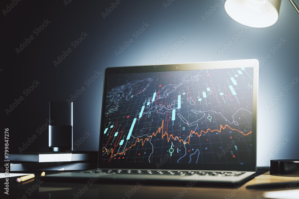 Poster abstract financial diagram with world map on modern laptop screen, banking and accounting concept. 3