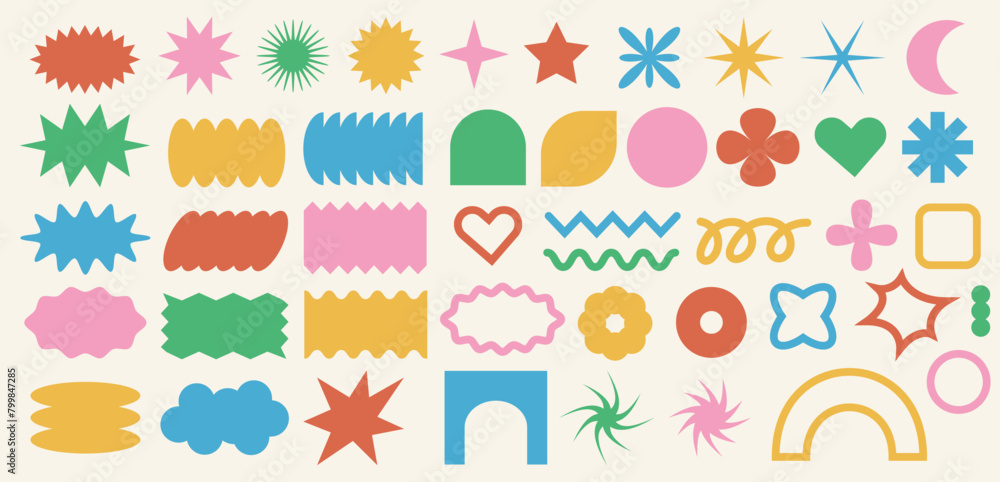Poster set of brutalist abstract shape. geometric figures and stars. basic forms in y2k aesthetics. colorfu