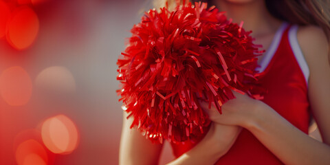 Cheerleader in red uniform with pom pom supporting sport team