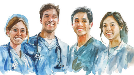 Nurses and doctors in blue scrubs are smiling, medical team watercolor illustration