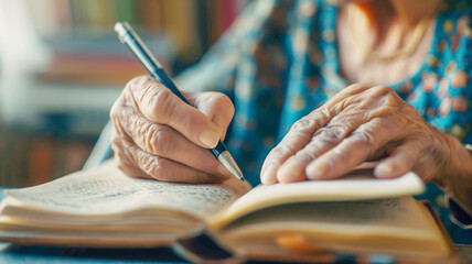 Elderly woman writing diaries to keep from forgetting Alzheimer's concept