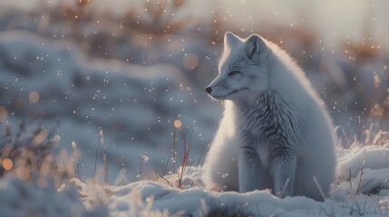 An Arctic fox in a snowy landscape, its white fur blending with the surroundings 4K wallpaper