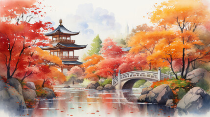 Obraz premium Serene watercolor artwork capturing the serene ambiance of a Japanese garden during the fall season.