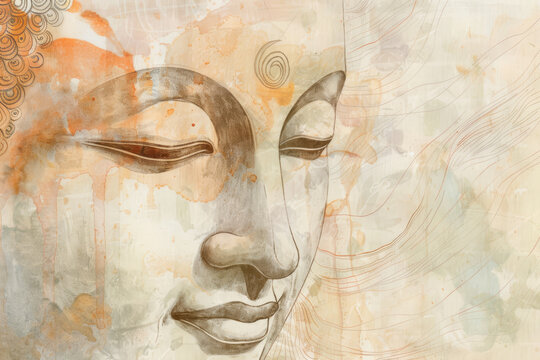 A watercolor painting of buddha in minimalist style