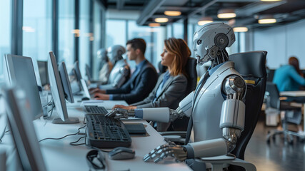 AI robot works with human colleagues in tech office