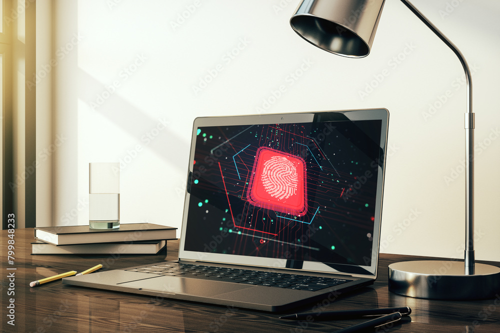 Fototapete modern computer monitor with abstract creative fingerprint hologram, research and development concep