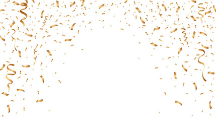 Falling shiny golden confetti design. Celebration background template with gold ribbon decoration. Vector illustration